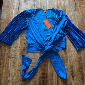 Gigi parker wrap cropped crop top Blue with pleated fluted sleeves NEW NWT